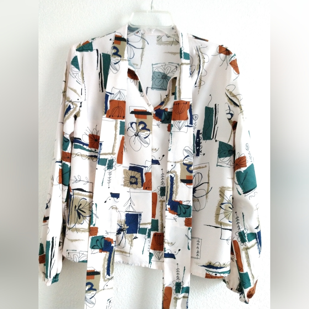 Shein Tie Neck Blouse Cream Green Brown Geometric Print PETITE Large Chest 38"